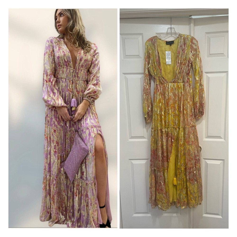 Diamond For Eden Gold Yellow Lurex Print Tie neck Split Font Maxi Dress medium